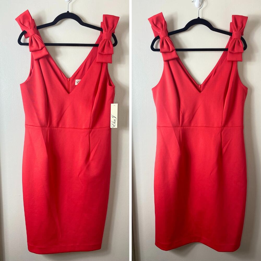 NWT ELIZA J DRESS RED BOW TIE SLEEVELESS SCUBA SHORT MINI COCKTAIL SHIFT V NECK